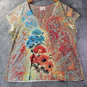Coldwater Creek Womens Paisley Floral Top XXL Multicolor Short Sleeve Boho Artsy